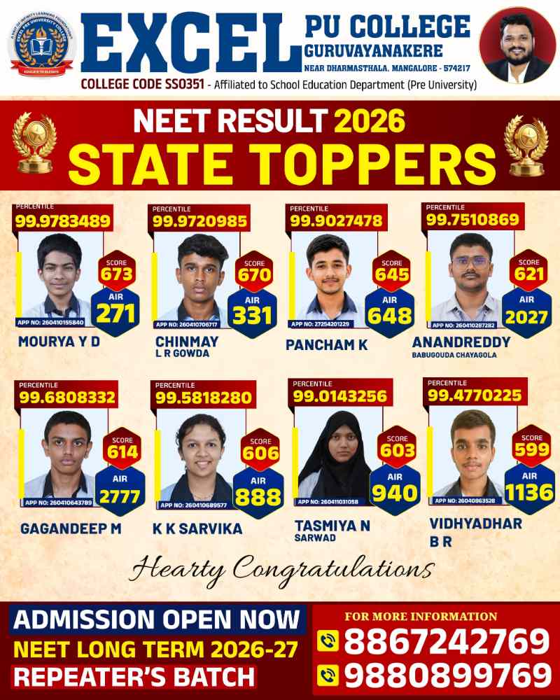ಗುರುವಾಯನಕೆರೆ ಎಕ್ಸೆಲ್ ಕಾಲೇಜಿನ ನೀಟ್ 2026ರಲ್ಲಿ ಐತಿಹಾಸಿಕ ಸಾಧನೆ – ಅಖಿಲ ಭಾರತ ಮಟ್ಟದಲ್ಲಿ 271ನೇ ರ್ಯಾಂಕ್